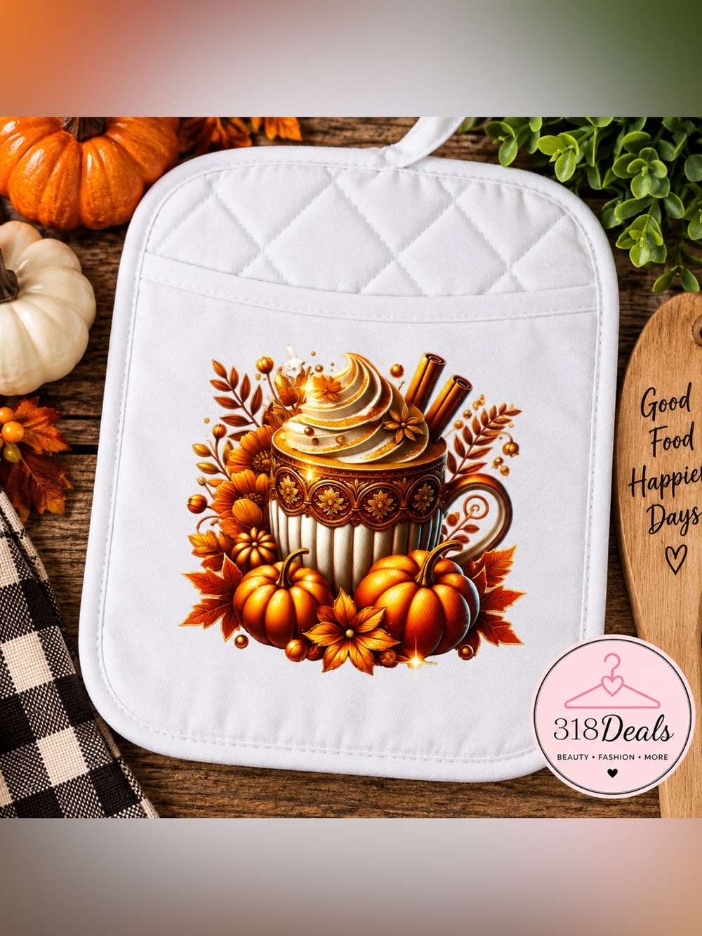 Autumn Pumpkin Spice Mug Quilted Potholder - White